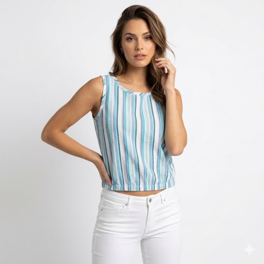 Lemon Grass Crinkle Seersucker Top Women's S Blue White Coastal Cottagecore